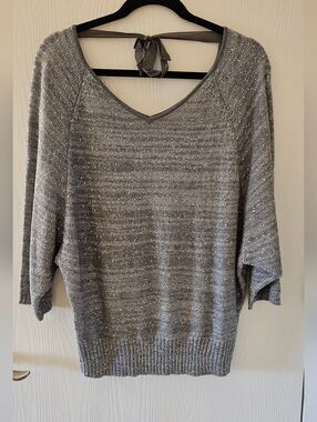 LOFT Silver Gray Metallic V-Neck Sweater